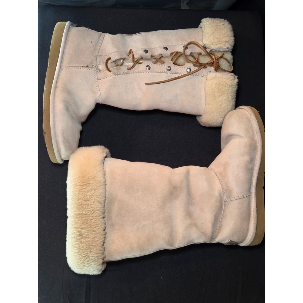 UGG Australia Sheepskin Lined Tall Boots Cream Lace Up Womens Size 6‎